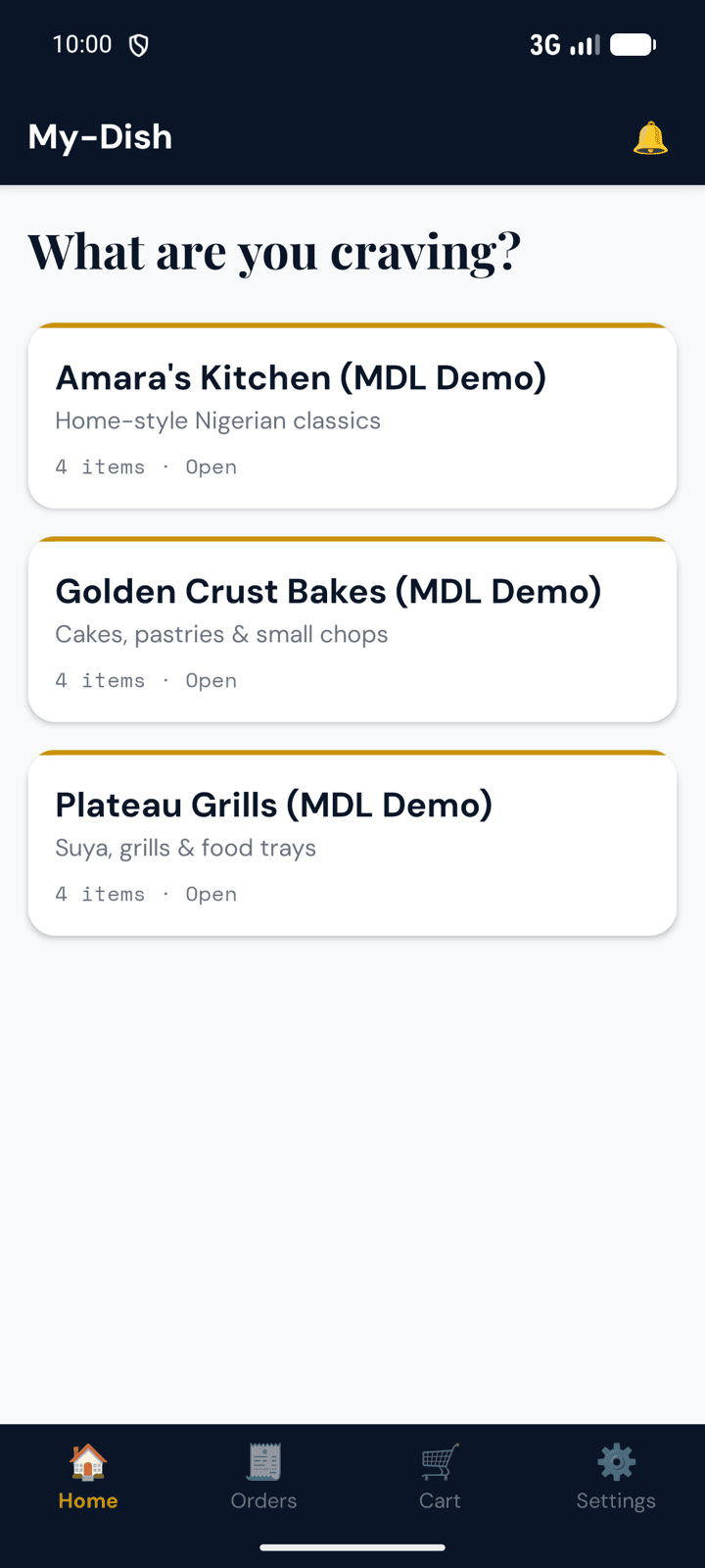 The MyDish app — browsing kitchens and vendors in Jos